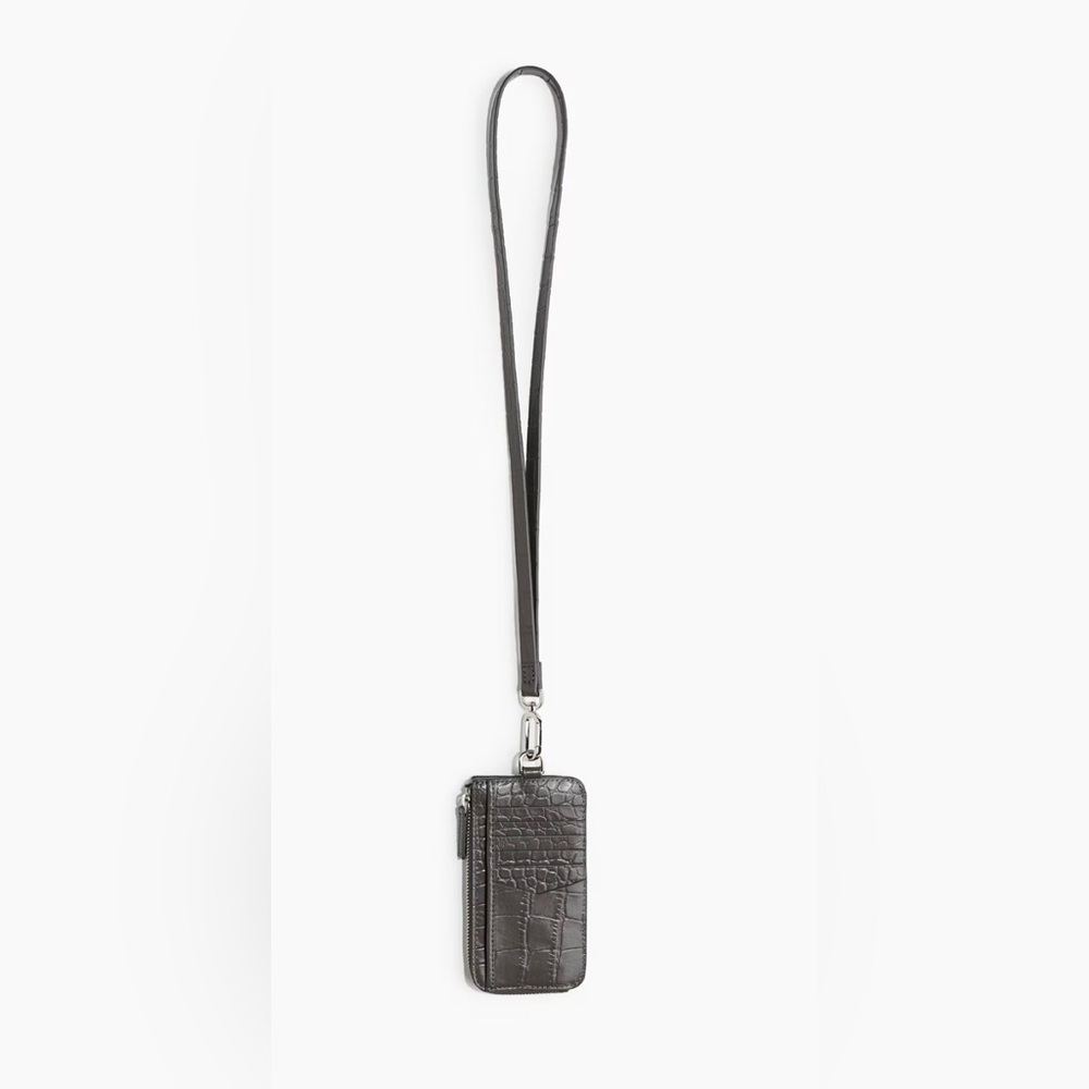Men’s H&M Gray Croc Embossed Leather Neck Strap Wallet Zip Card Slots Outside
